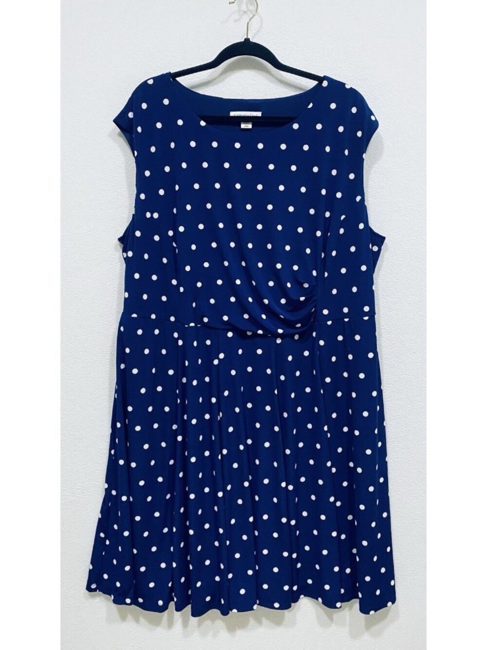 Coldwater Creek Dress 24W Blue Polka Dot Midi Ruched Waist Office Career Casual